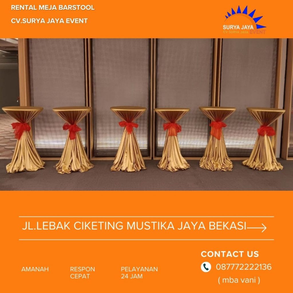 Sewa Meja Barstool Tangerang Plus Cover Gold Pita Merah