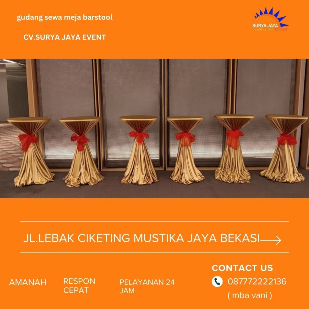 Sewa Meja Barstool Tangerang Plus Cover Gold Pita Merah
