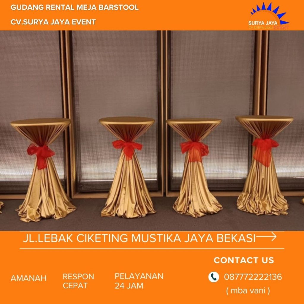 Sewa Meja Barstool Tangerang Plus Cover Gold Pita Merah