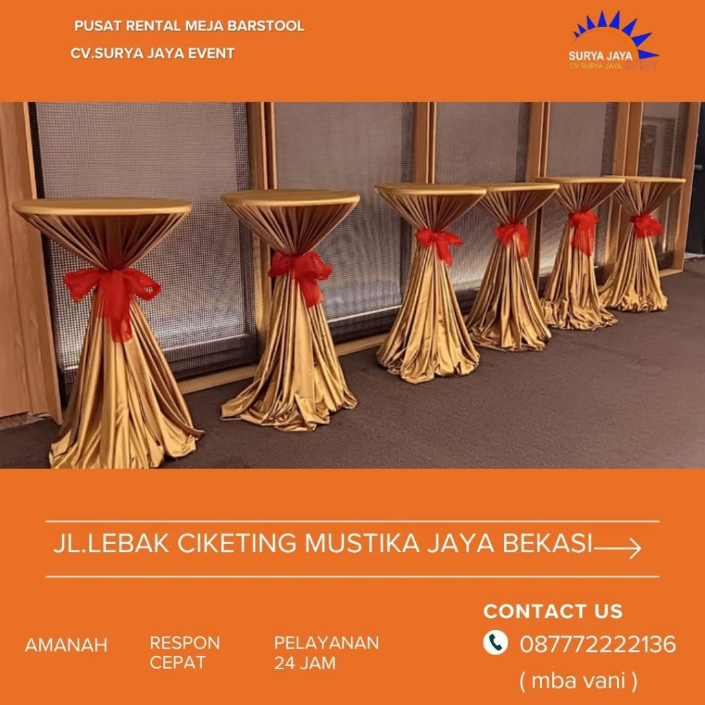 Sewa Meja Barstool Tangerang Plus Cover Gold Pita Merah