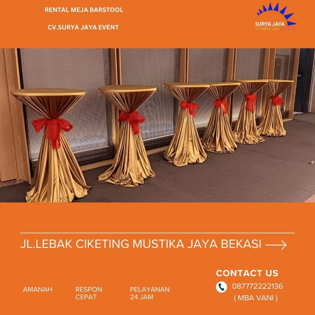 Sewa Meja Barstool Tangerang Plus Cover Gold Pita Merah