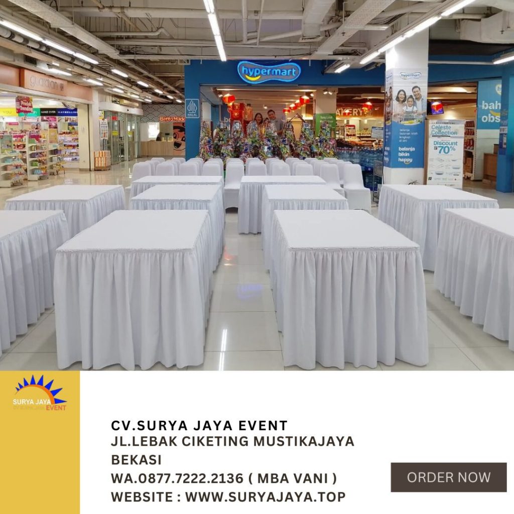 Sewa Meja Kotak Taplak Model Skriting Putih Jakarta