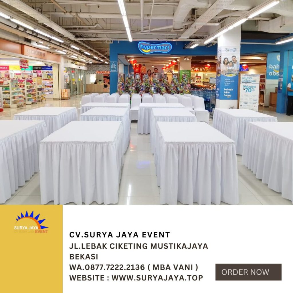 Sewa Meja Kotak Taplak Model Skriting Putih Jakarta