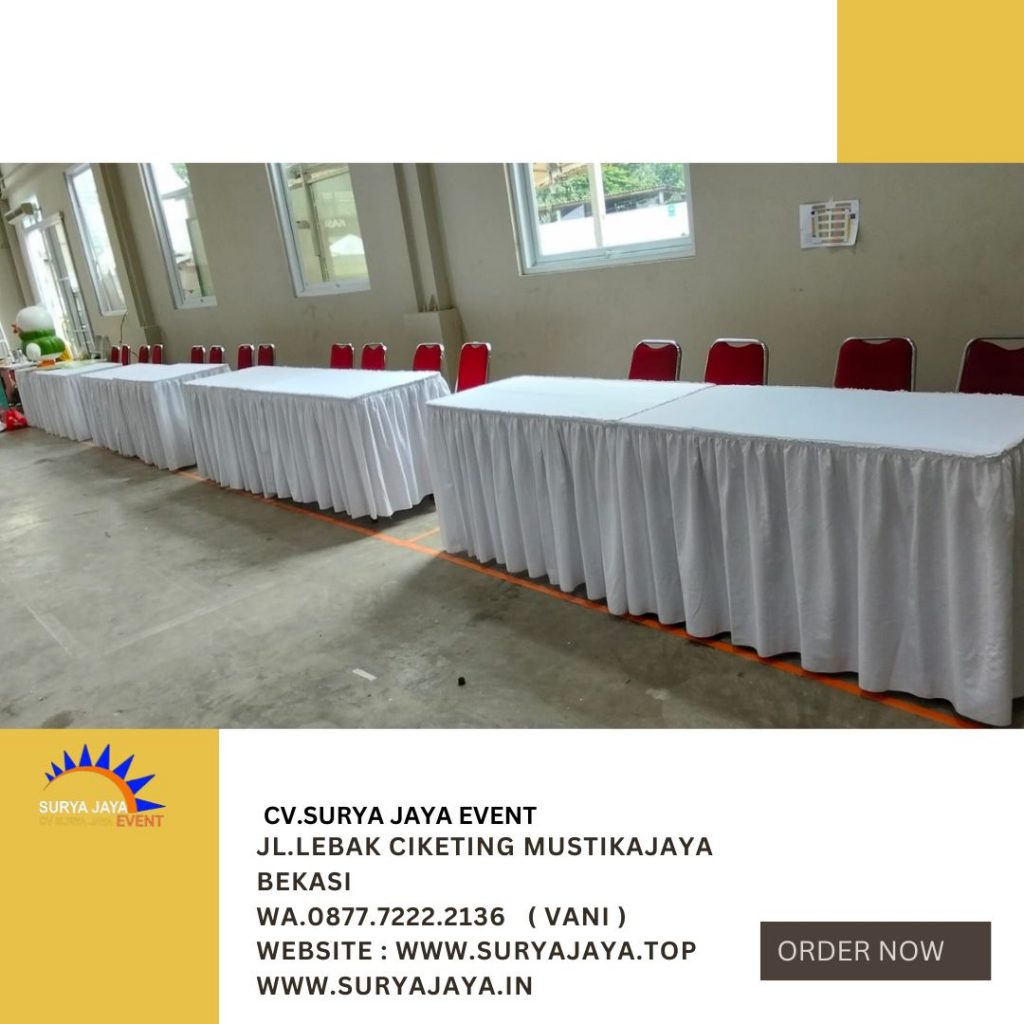 Sewa Meja Kotak Taplak Model Skriting Putih Jakarta