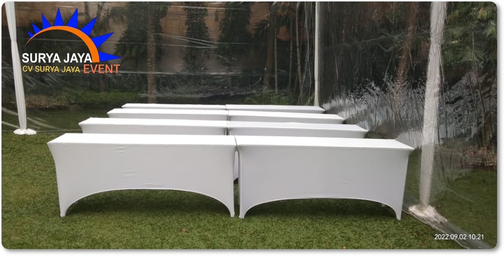 Sewa meja Panjang Ibm Cover Ketat Putih Kualitas Standar Hotel