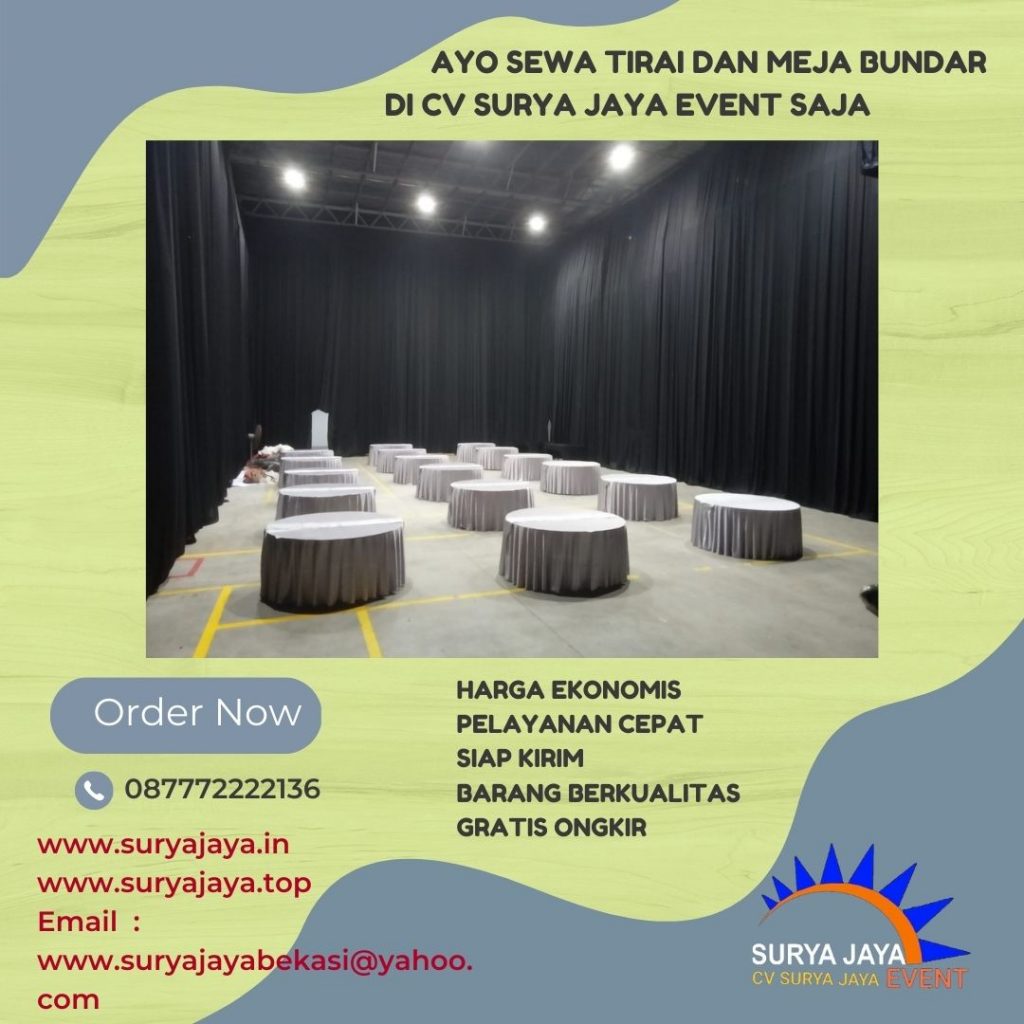 Sewa Tirai Hitam Dan Meja Bulat Siap Kirim Pasang