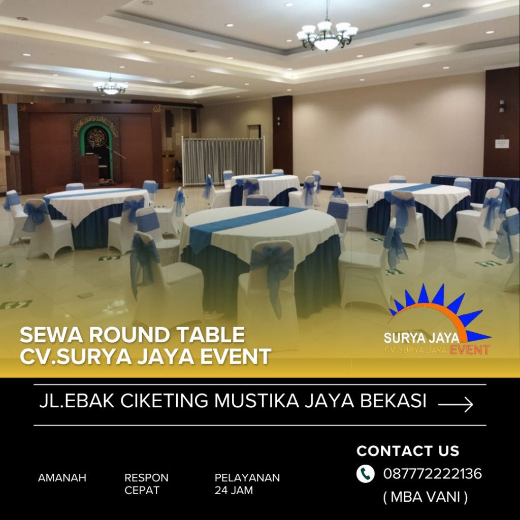 Sewa Round Table Skirting Biru Topping Putih Jakarta