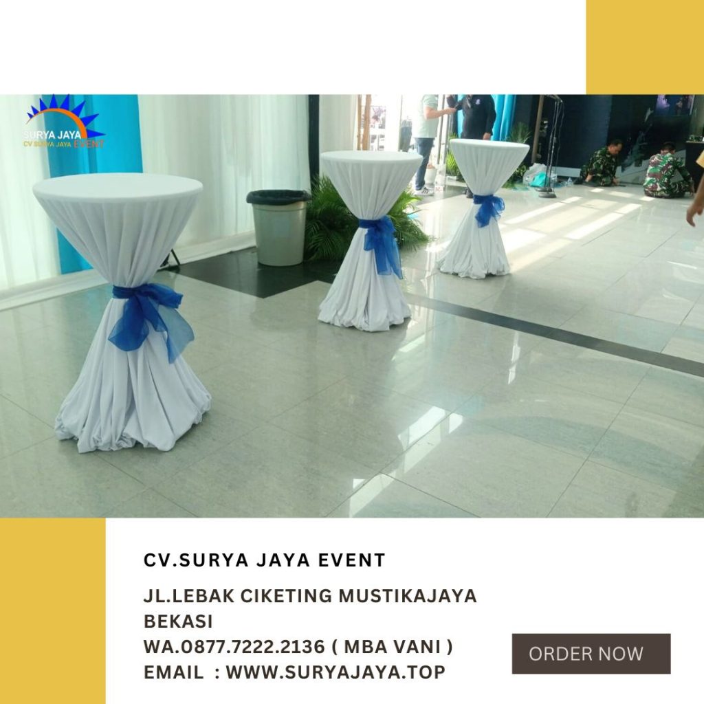 Sewa Meja Barstool Cover Tebar Putih Pita Biru Di Jakarta