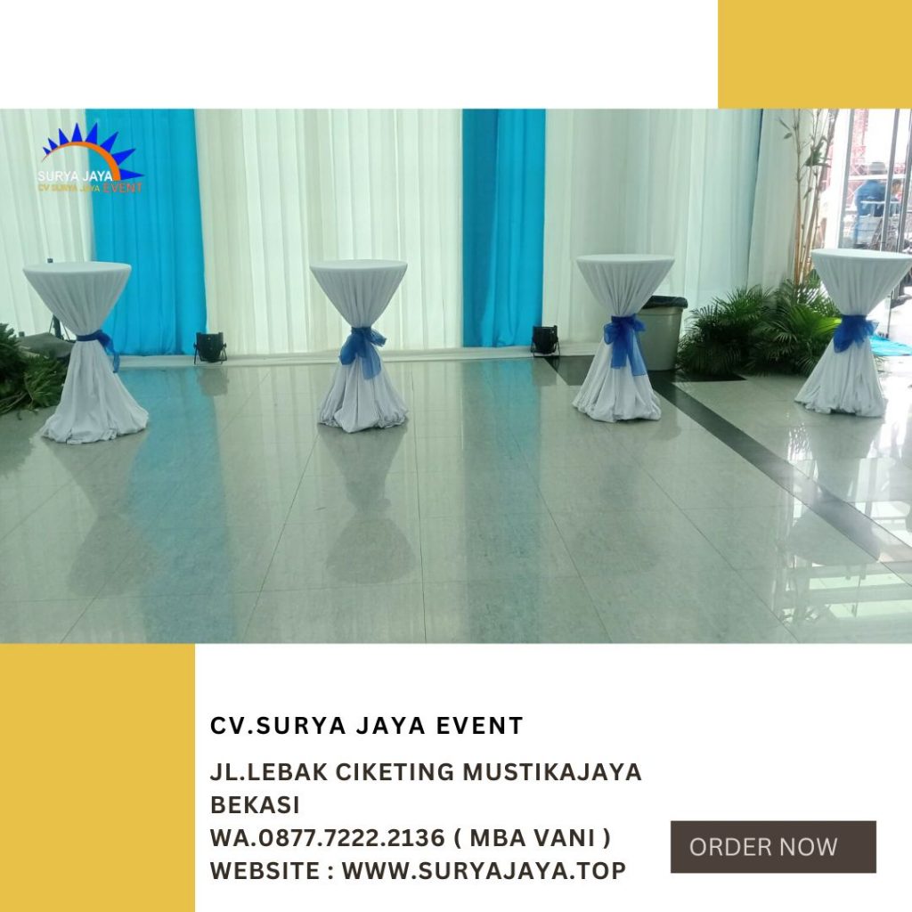 Sewa Meja Barstool Cover Tebar Putih Pita Biru Di Jakarta