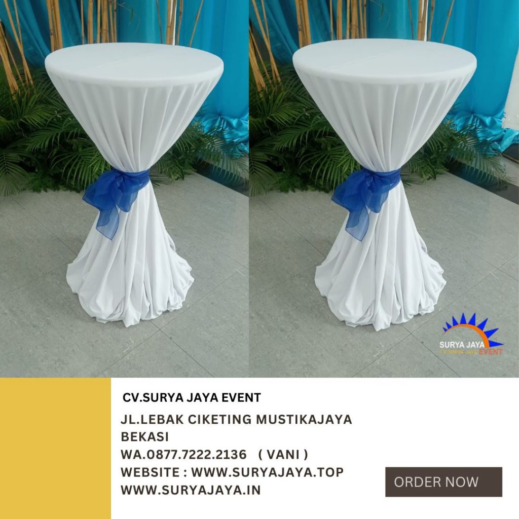Sewa Meja Barstool Cover Tebar Putih Pita Biru Di Jakarta