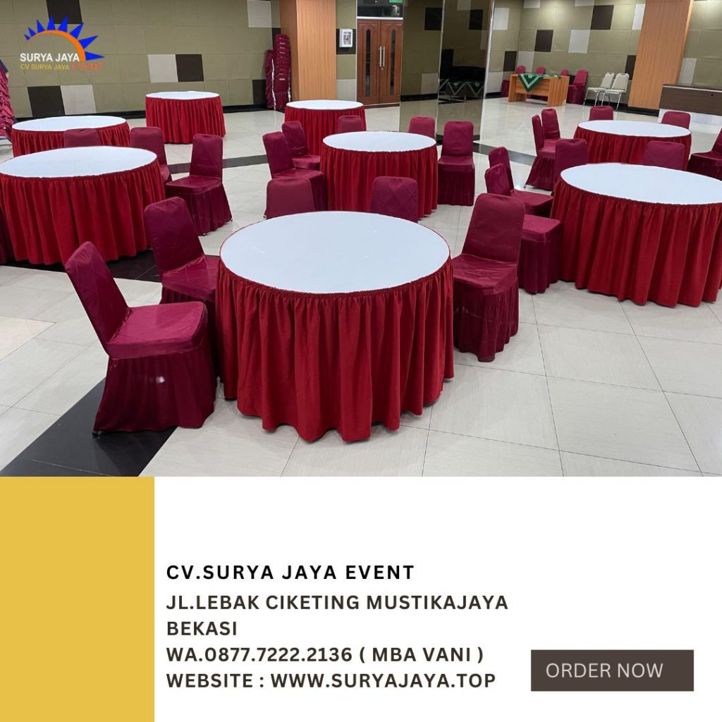 Sewa Meja Bundar D120cm Taplak Skirting Merah Di Jakarta