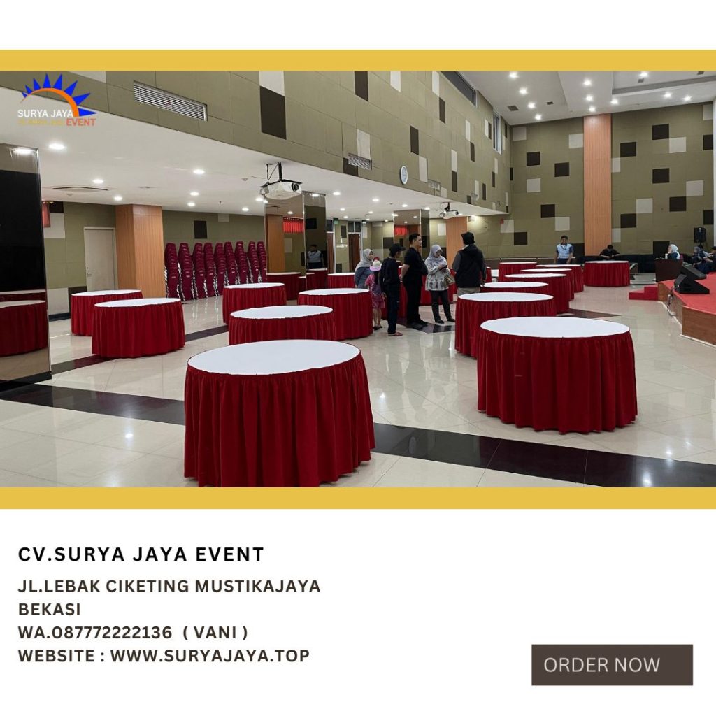 Sewa Meja Bundar D120cm Taplak Skirting Merah Di Jakarta