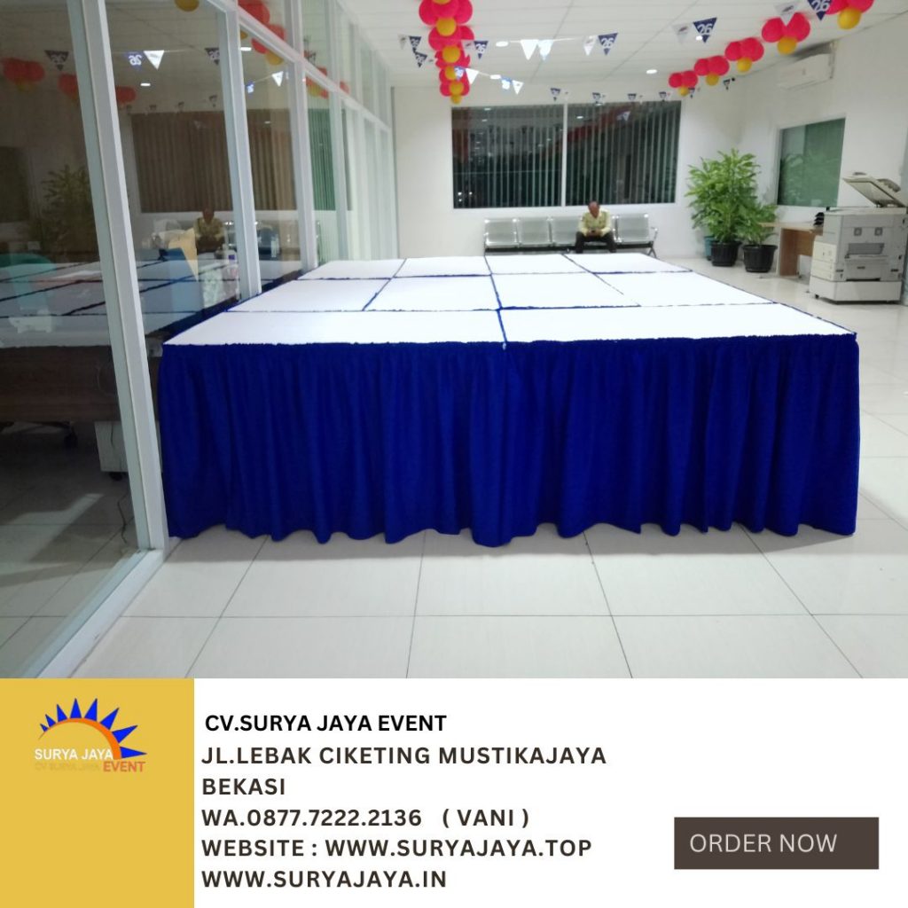 Sewa Meja Gubukan Cover Putih Biru Event PT.MJP CARGO Tangerang Banten