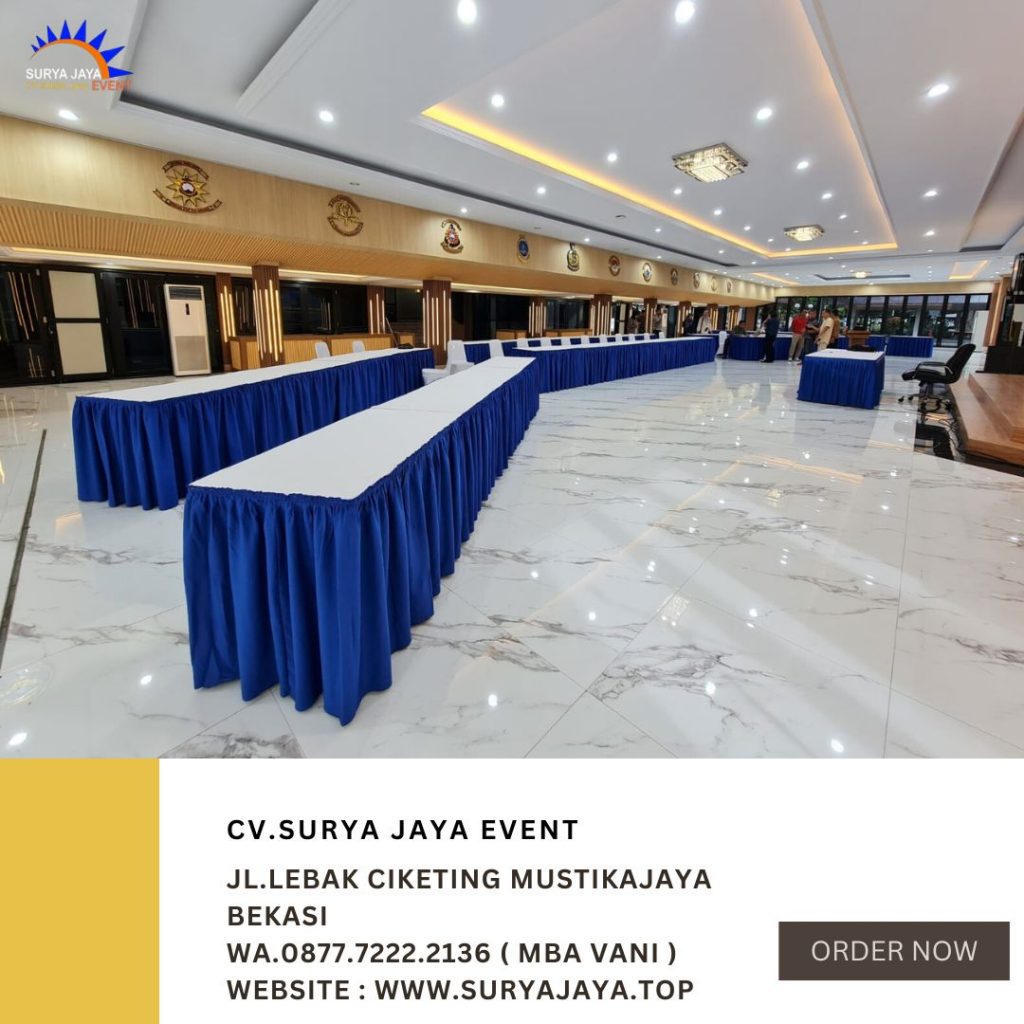 Sewa Meja Kotak Area Jakarta Lengkap Plus Cover Putih Skirting Biru