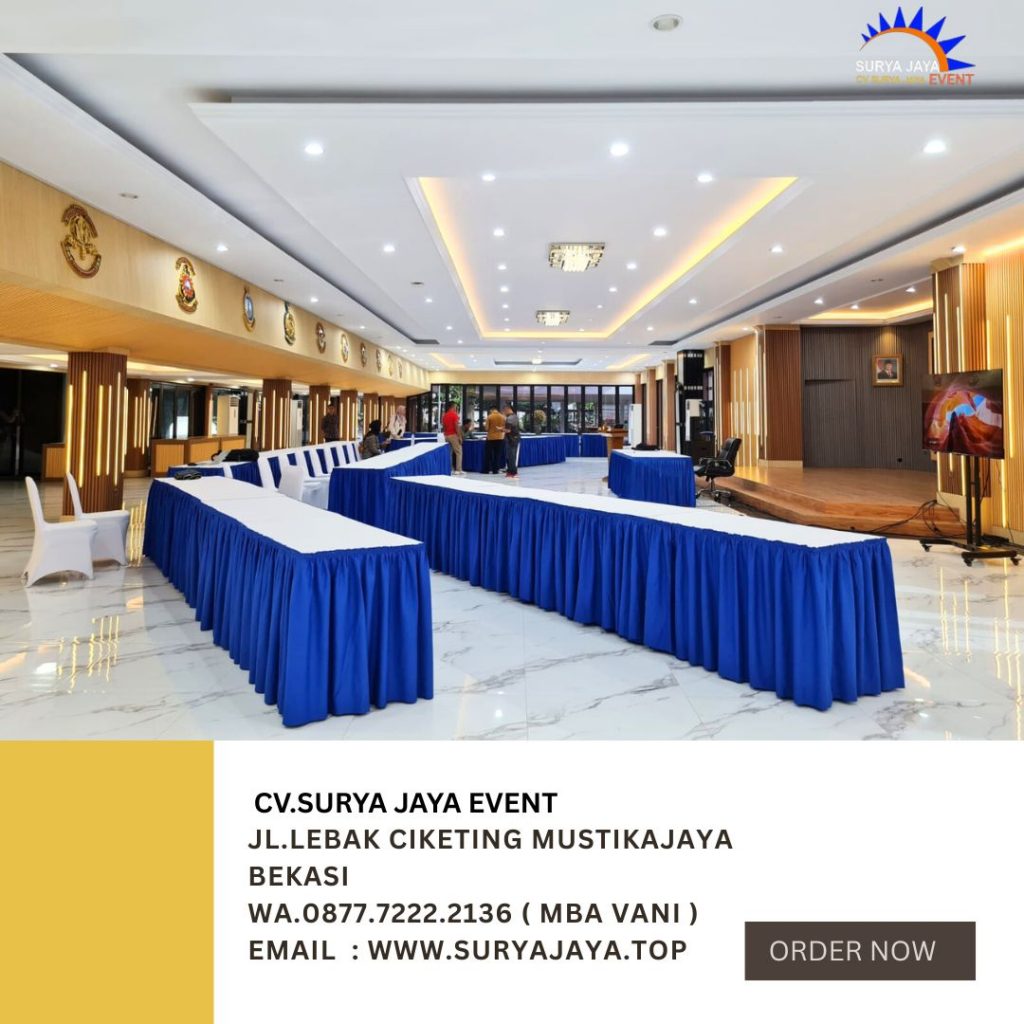 Sewa Meja Kotak Area Jakarta Lengkap Plus Cover Putih Skirting Biru