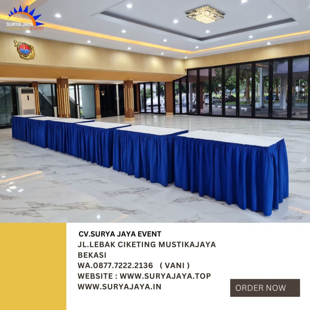 Sewa Meja Kotak Area Jakarta Lengkap Plus Cover Putih Skirting Biru