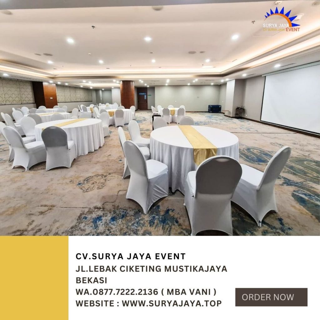 Pusat Sewa Meja Bundar Cover Tebar Putih Runner Gold Di Jakarta