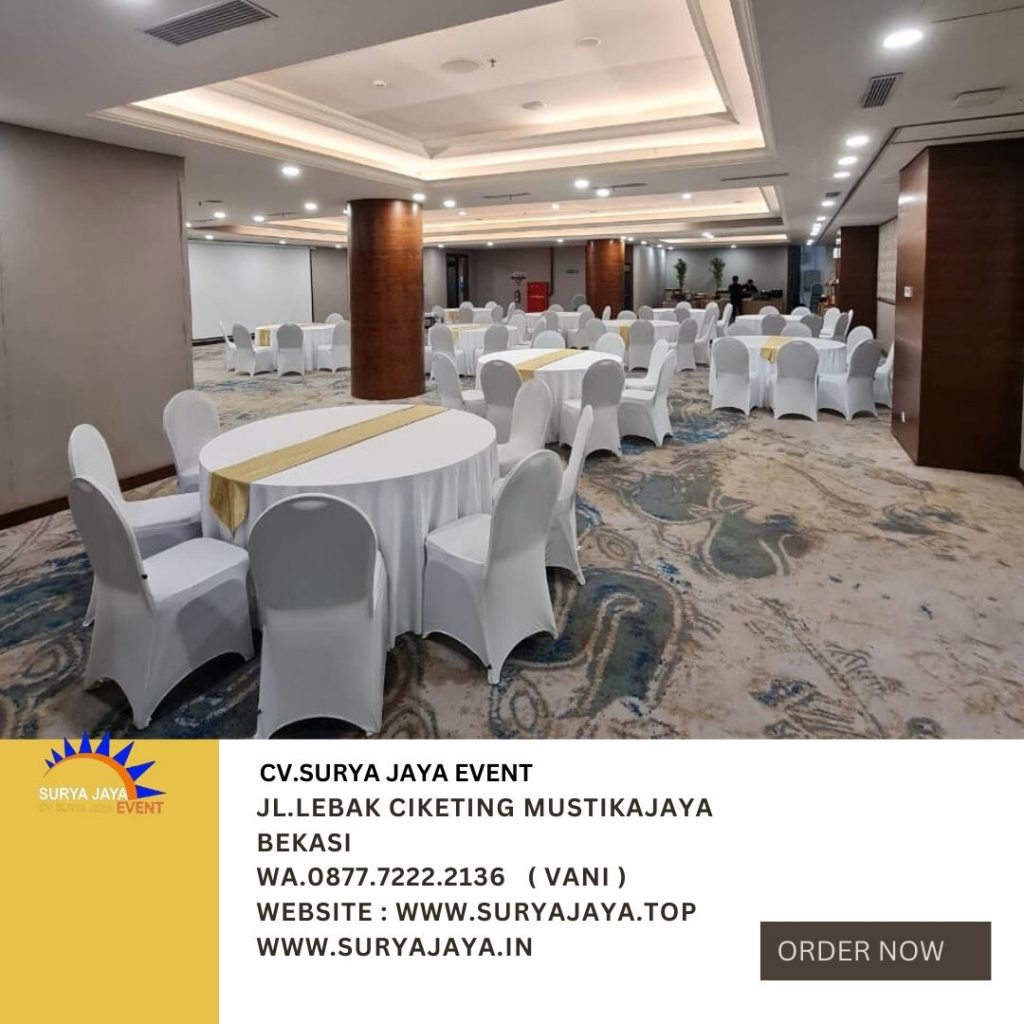 Pusat Sewa Meja Bundar Cover Tebar Putih Runner Gold Di Jakarta