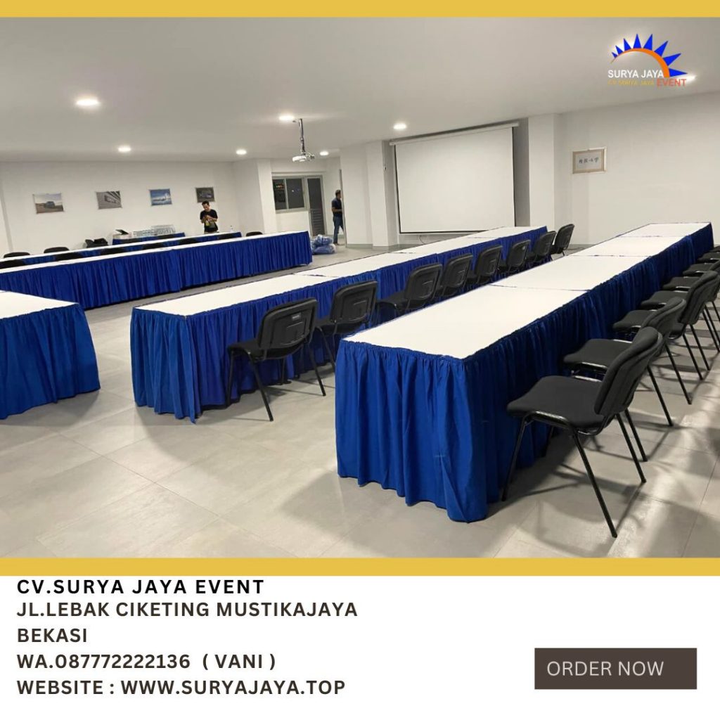 Sewa Meja Kotak Cover Putih Skirting Biru Area Jakarta Free Ongkir