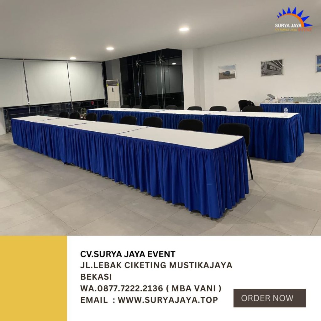 Sewa Meja Kotak Cover Putih Skirting Biru Area Jakarta Free Ongkir