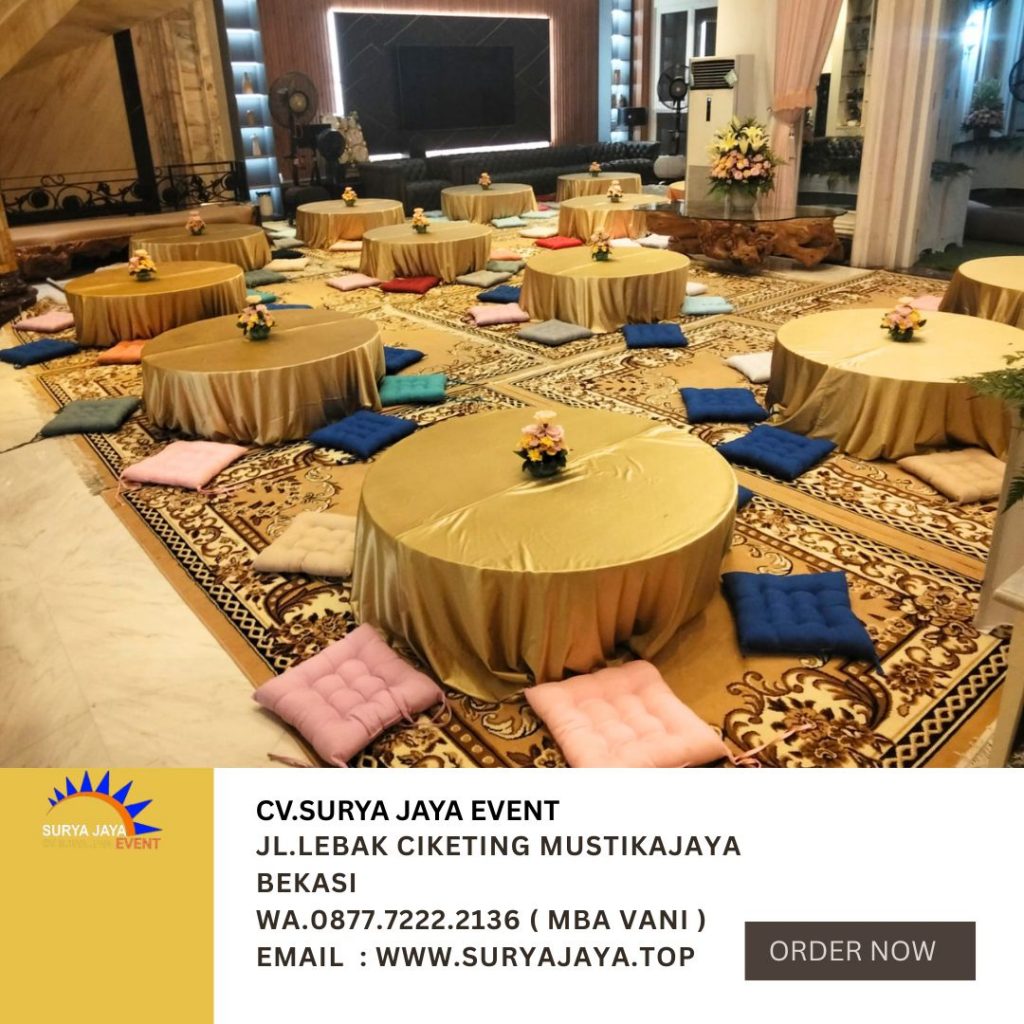 Sewa Meja Lesehan Bundar Taplak Gold Dan Bantal Lesehan Jakarta