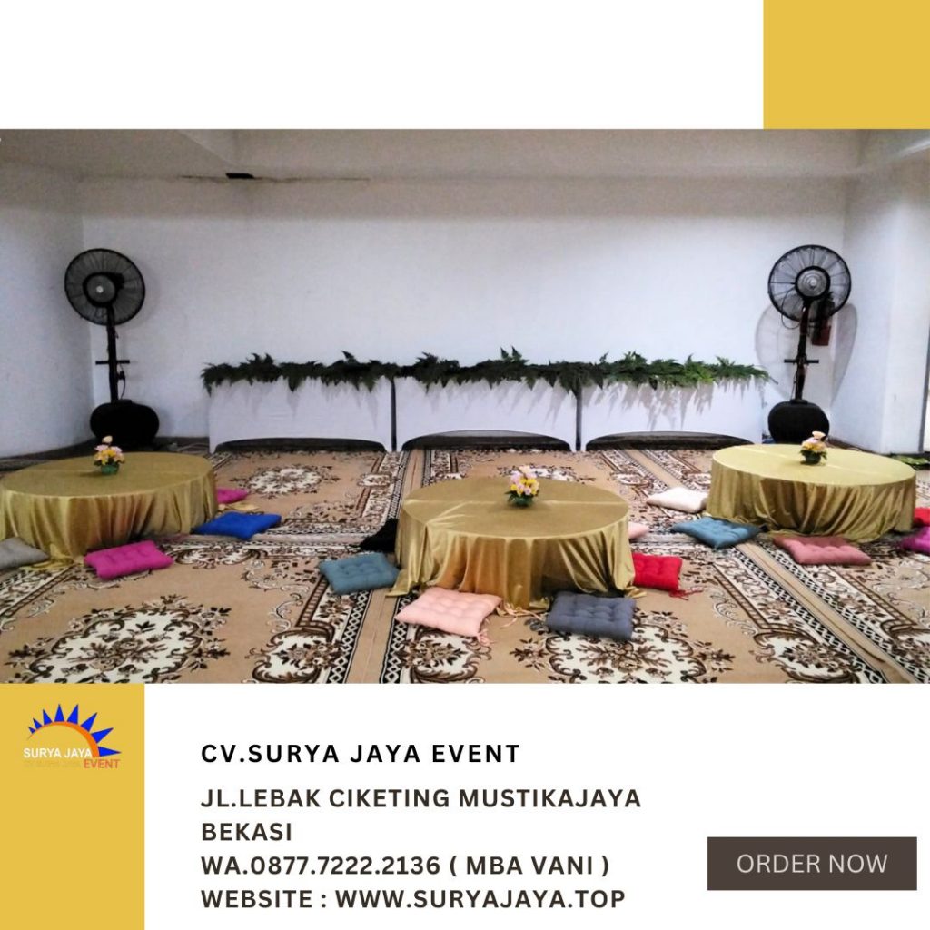 Sewa Meja Lesehan Bundar Taplak Gold Dan Bantal Lesehan Jakarta