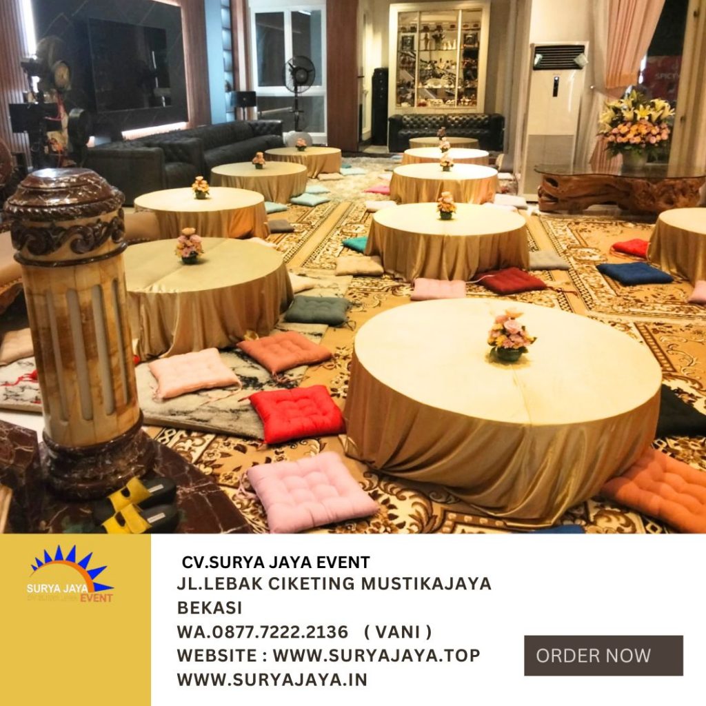 Sewa Meja Lesehan Bundar Taplak Gold Dan Bantal Lesehan Jakarta