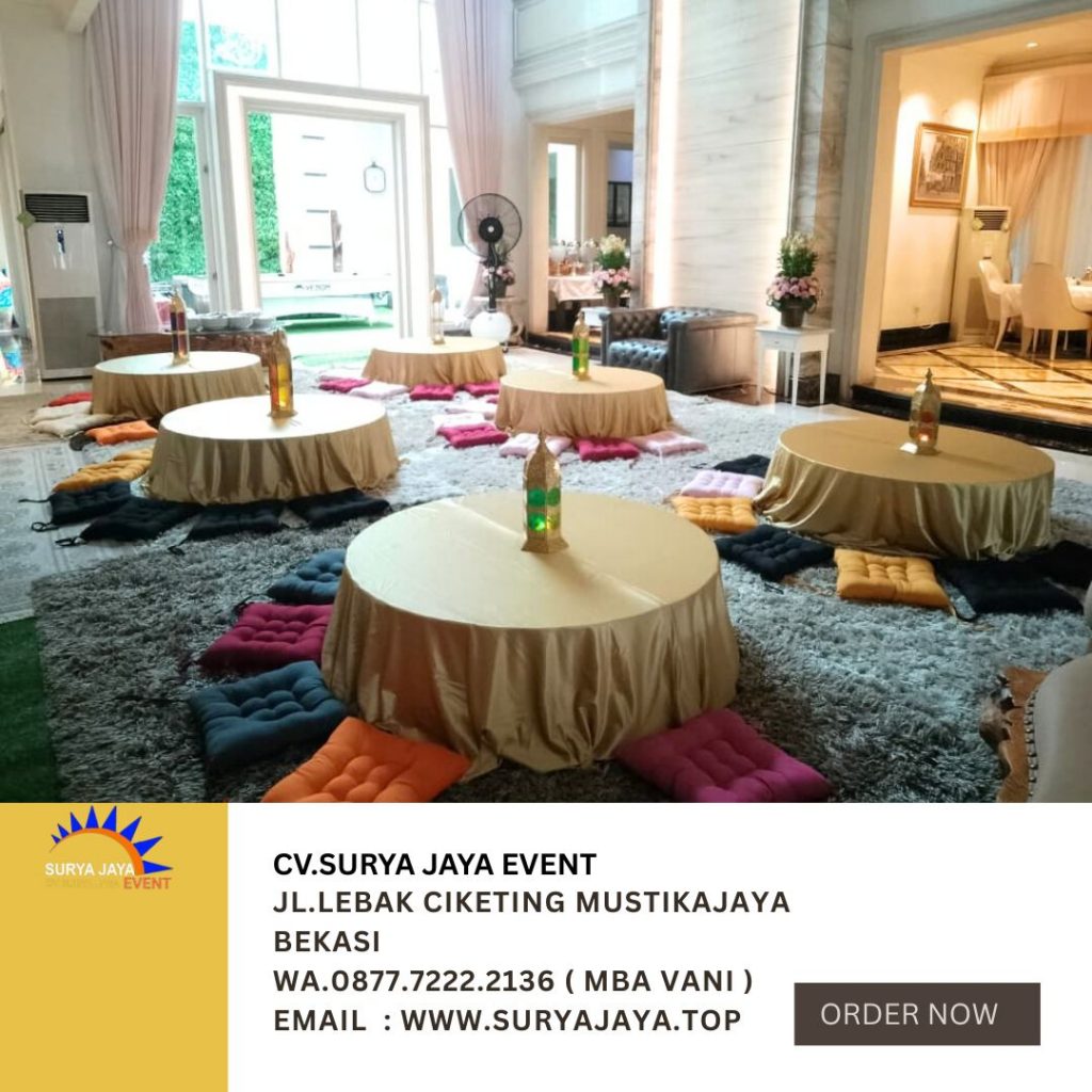 Sewa Meja Lesehan Bundar Taplak Tebar Gold Jakarta