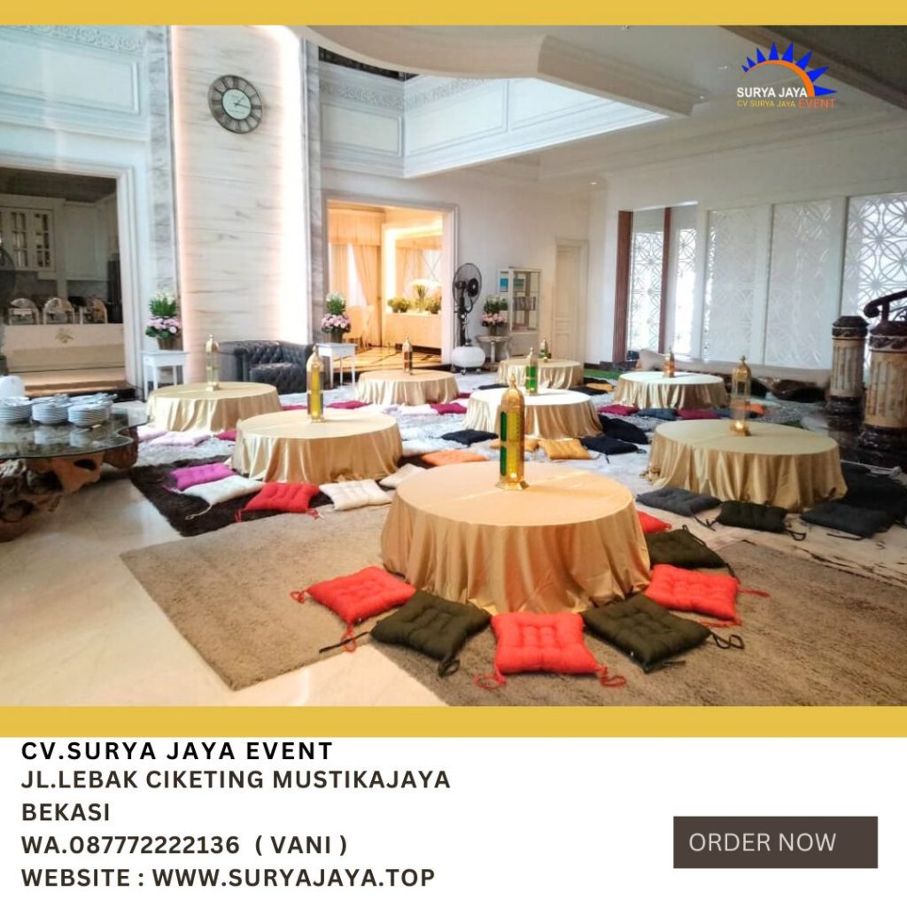 Sewa Meja Lesehan Bundar Taplak Tebar Gold Jakarta