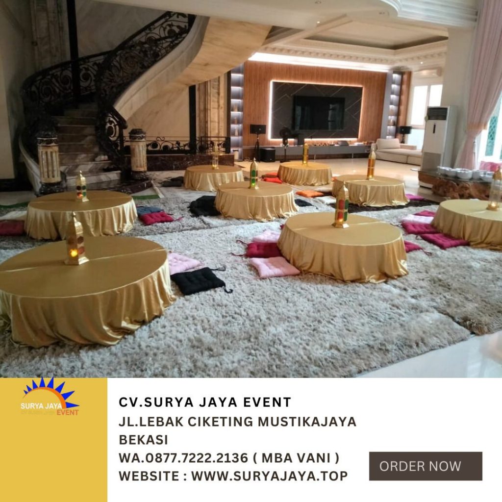 Sewa Meja Lesehan Bundar Taplak Tebar Gold Jakarta