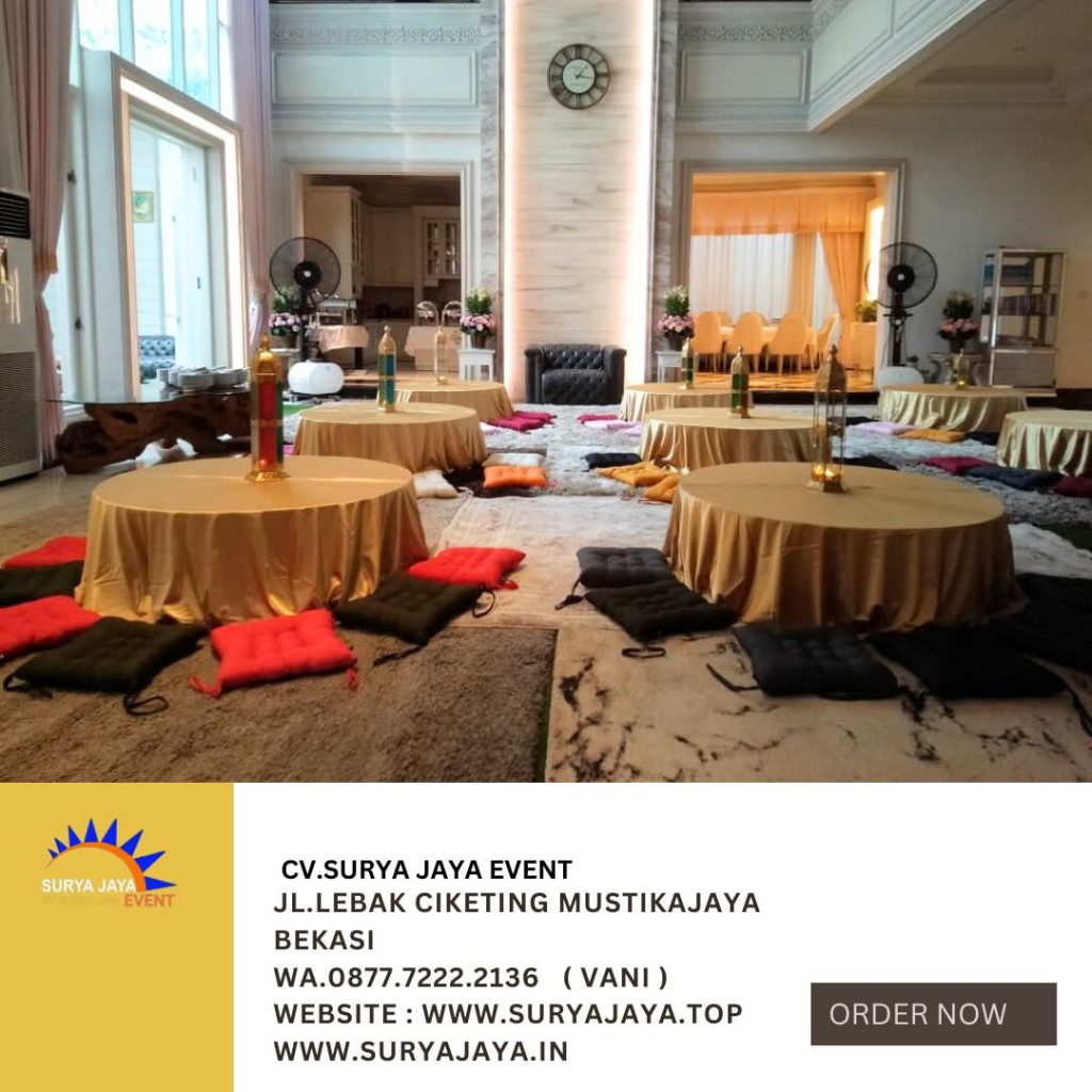 Sewa Meja Lesehan Bundar Taplak Tebar Gold Jakarta