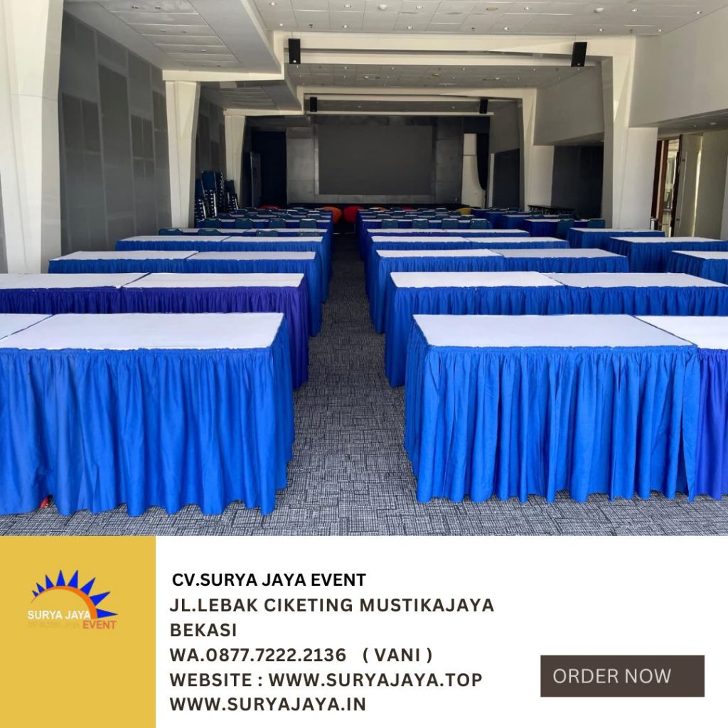Sewa Meja Kotak Taplak Putih Skirting Biru Jakarta