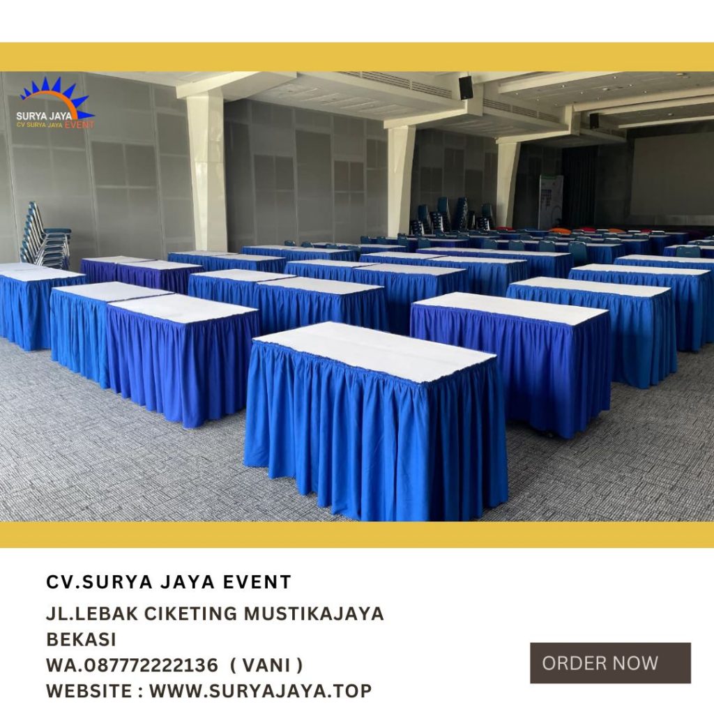 Sewa Meja Kotak Taplak Putih Skirting Biru Jakarta