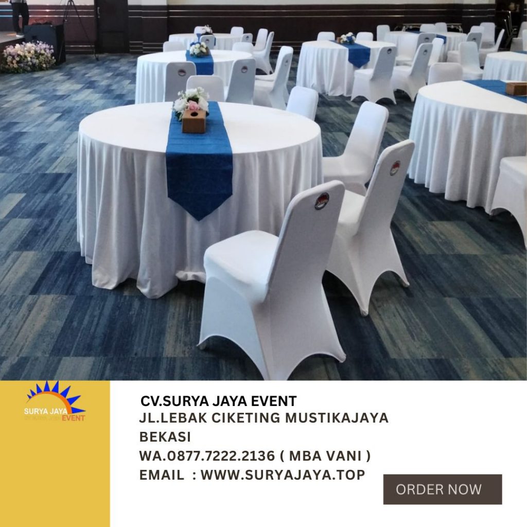 Sewa Round Table Taplak Putih Runner Biru Jakarta