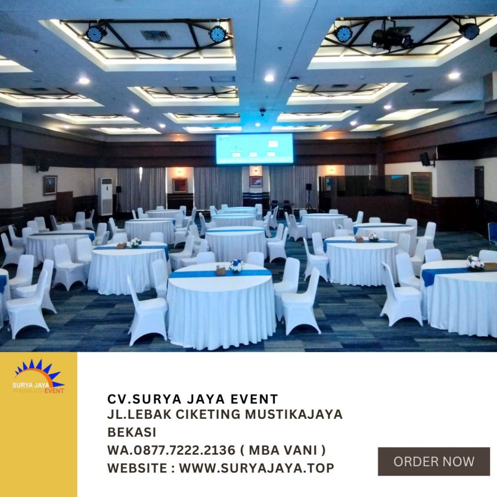 Sewa Round Table Taplak Putih Runner Biru Jakarta