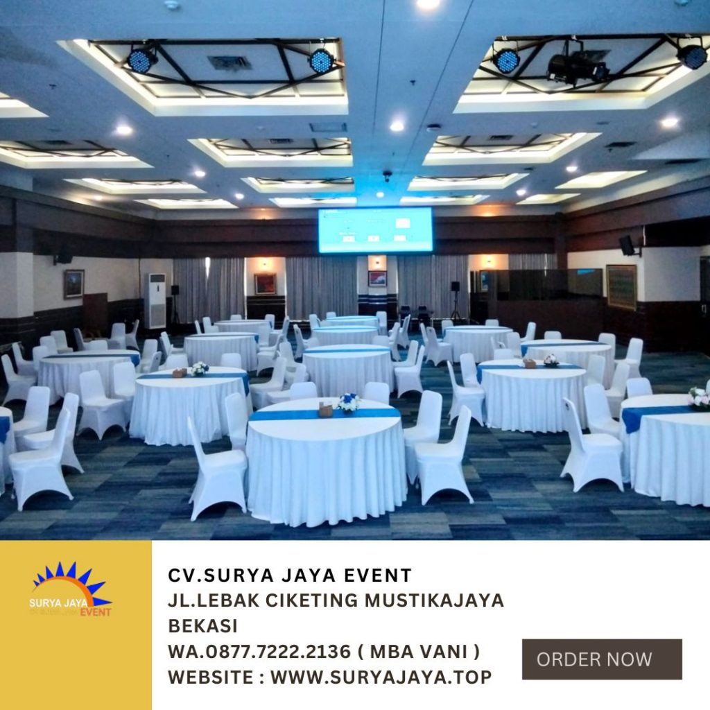 Sewa Round Table Taplak Putih Runner Biru Jakarta