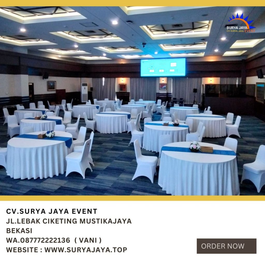 Sewa Round Table Taplak Putih Runner Biru Jakarta