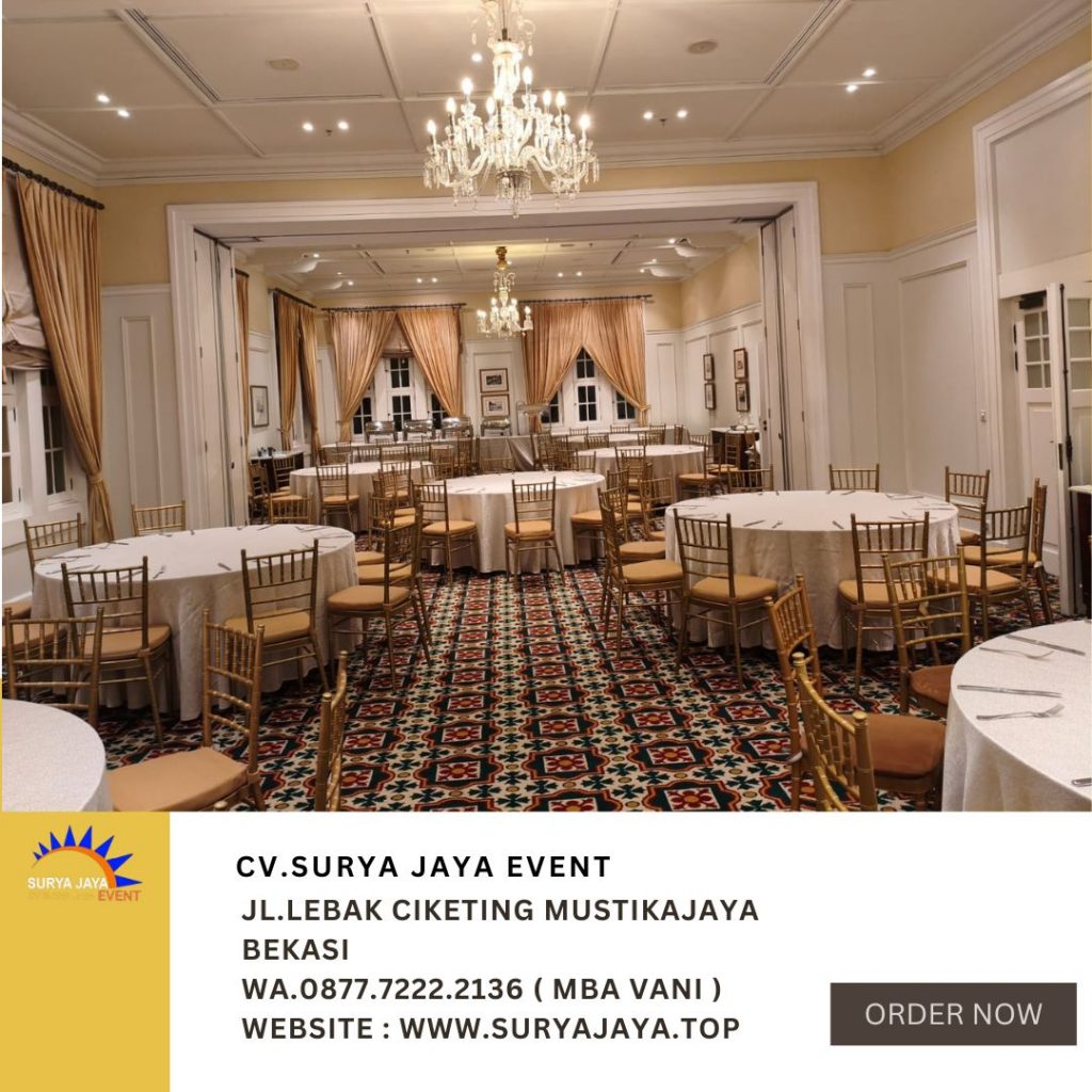 Sewa KURSI TIFFANY GOLD Dan ROUND TABLE TAPLAK PUTIH EVENT Hermitage Hotel JAKPUS