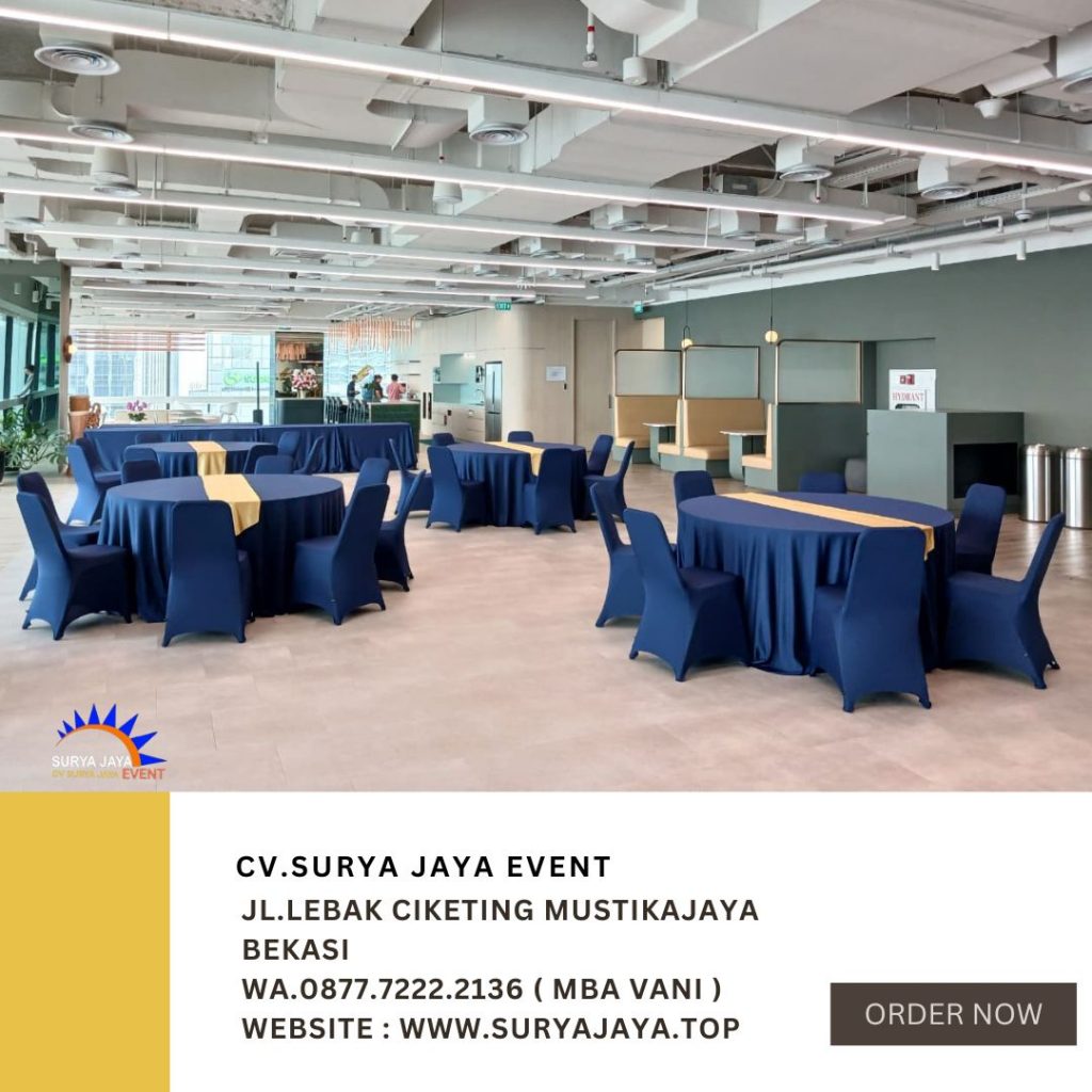 Sewa Meja Bulat Runner Gold Dan Kursi Futura Cover Hitam Jakarta