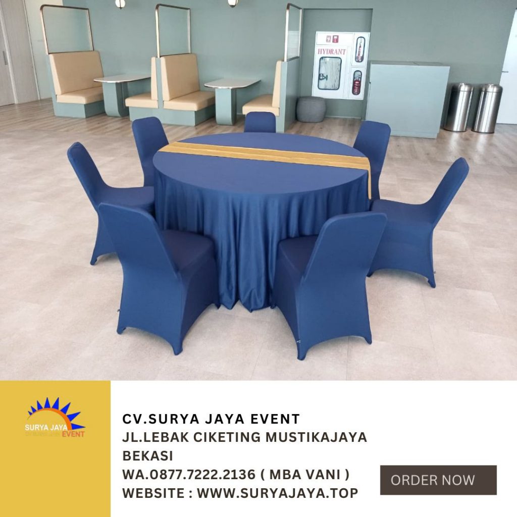 Sewa Meja Bulat Runner Gold Dan Kursi Futura Cover Hitam Jakarta