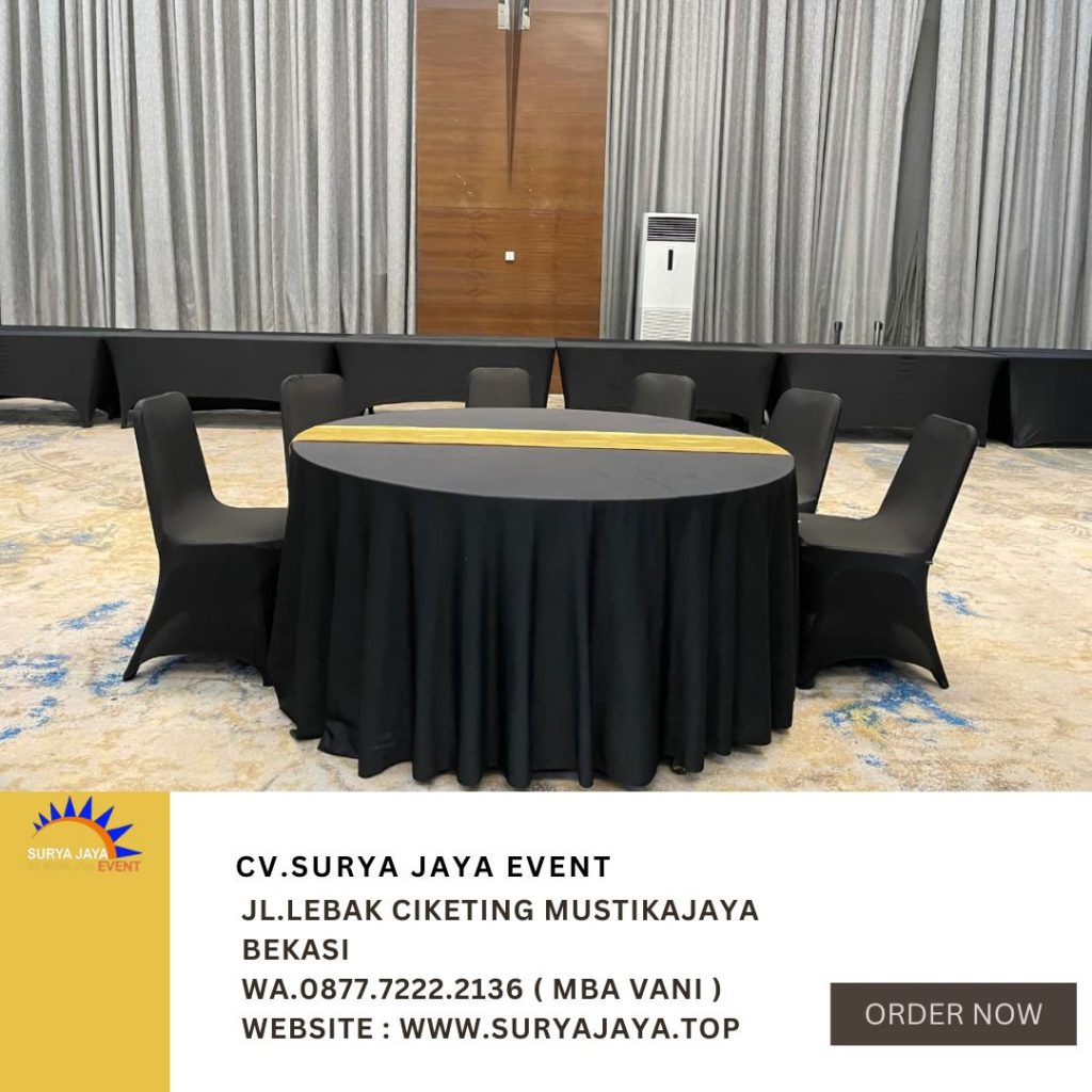 Sewa Meja Bundar Cover Hitam Runner Gold Di Jakarta