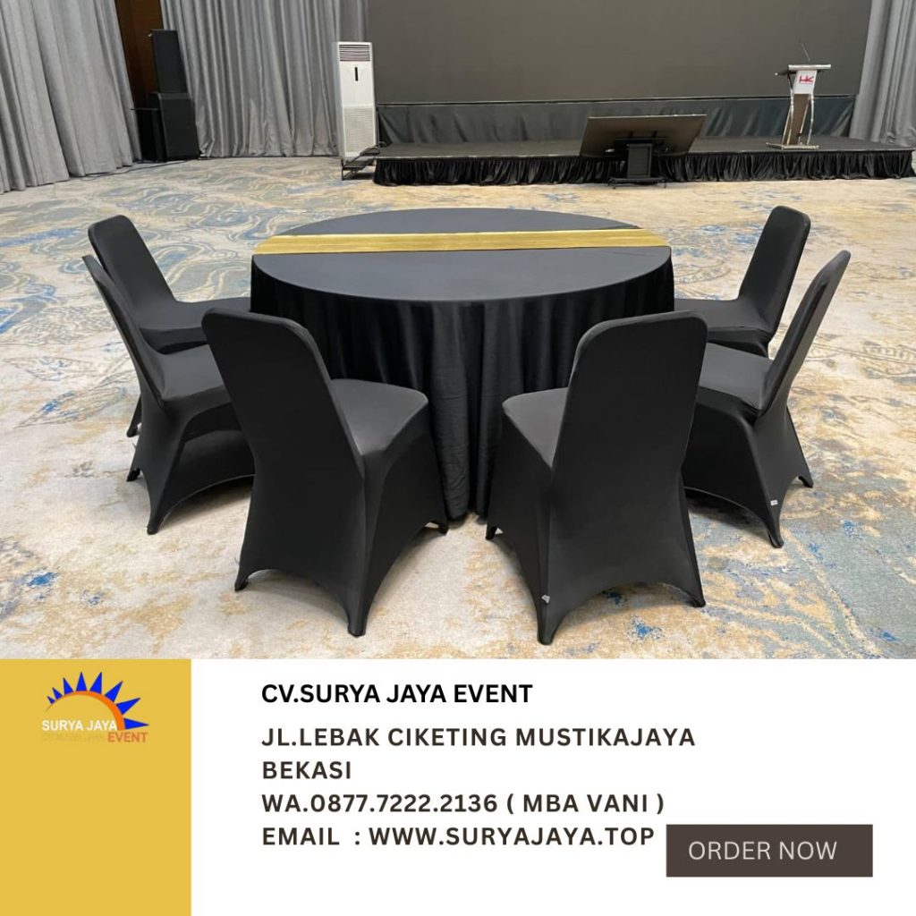 Sewa Meja Bundar Cover Hitam Runner Gold Di Jakarta