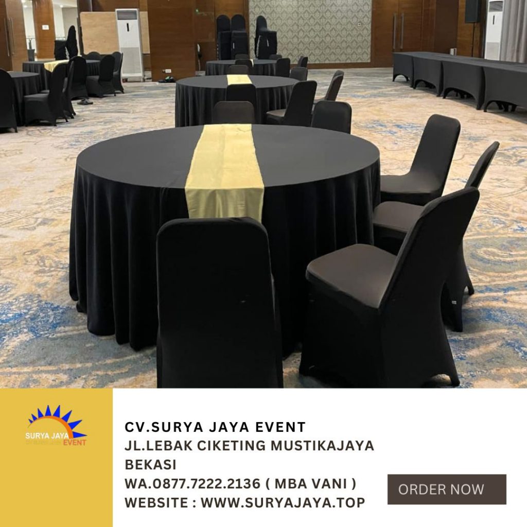 Sewa Meja Bundar Cover Hitam Runner Gold Di Jakarta