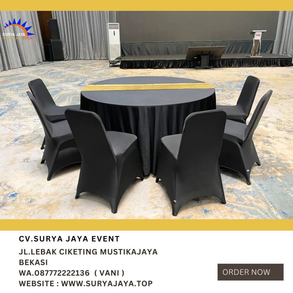 Sewa Meja Bundar Cover Hitam Runner Gold Di Jakarta