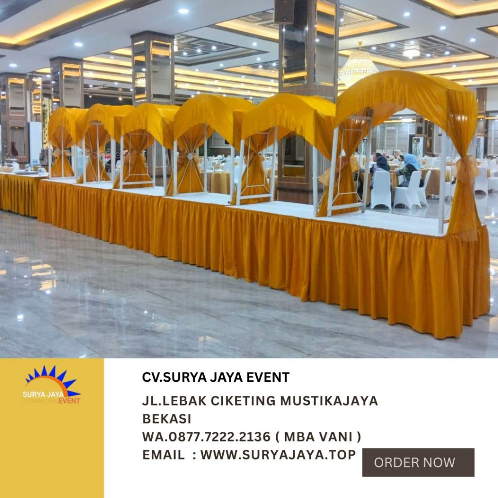 Sewa Meja Gubukan Stand Makanan Cover Putih Gold Cilandak
