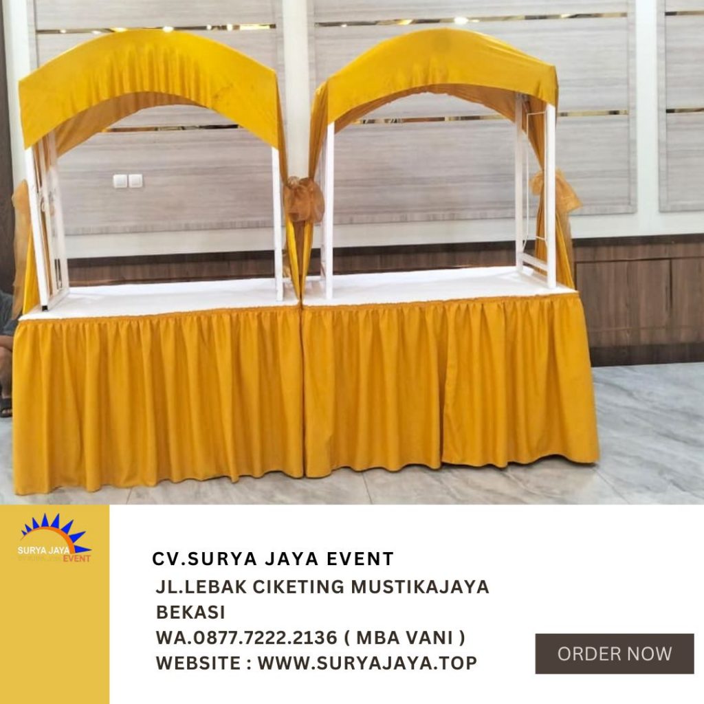 Sewa Meja Gubukan Stand Makanan Cover Putih Gold Cilandak