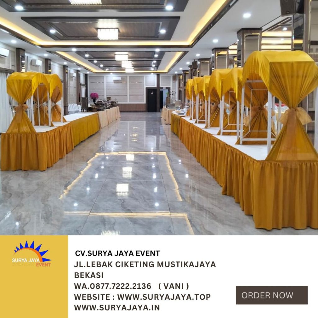 Sewa Meja Gubukan Stand Makanan Cover Putih Gold Cilandak