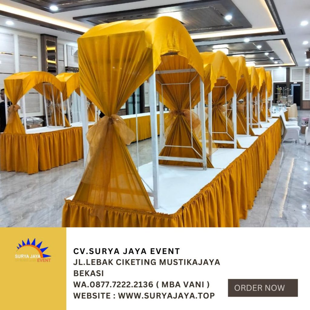 Sewa Meja Gubukan Stand Makanan Cover Putih Gold Cilandak