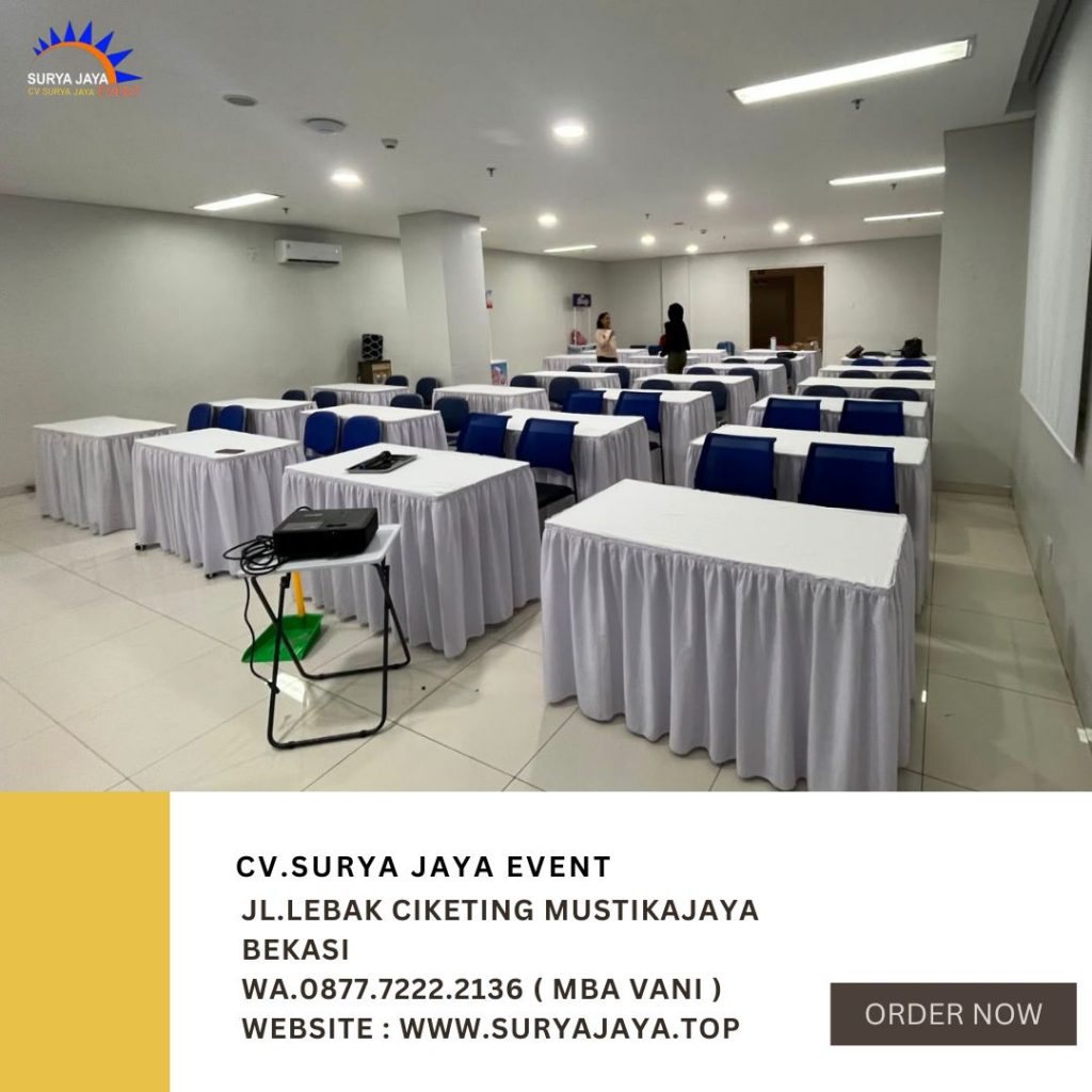 Sewa Meja Kotak Ukuran 120x60cm Taplak Skirting Putih Depok