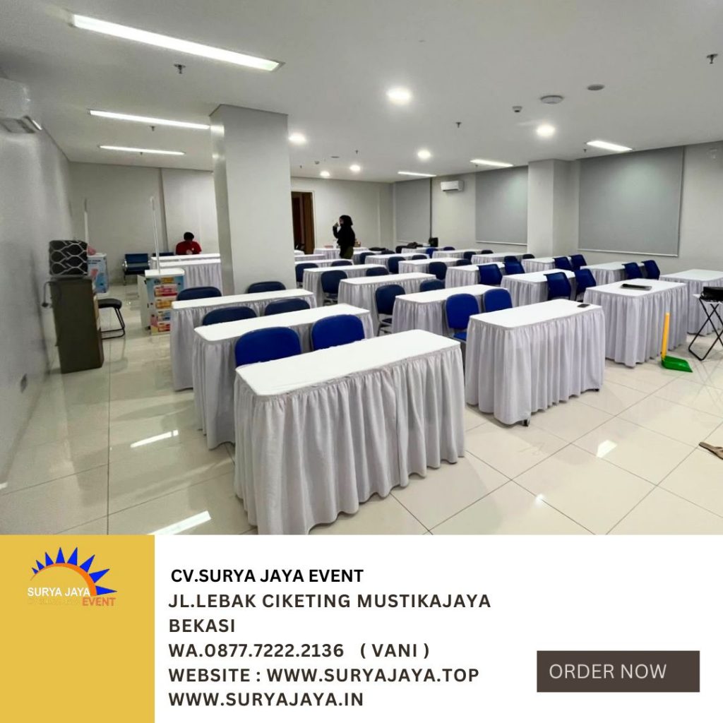 Sewa Meja Kotak Ukuran 120x60cm Taplak Skirting Putih Depok